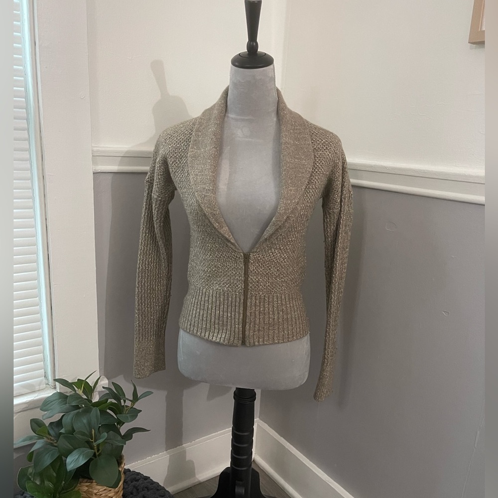 Loft Wool Taupe Metallic Zip Sweater Cardigan